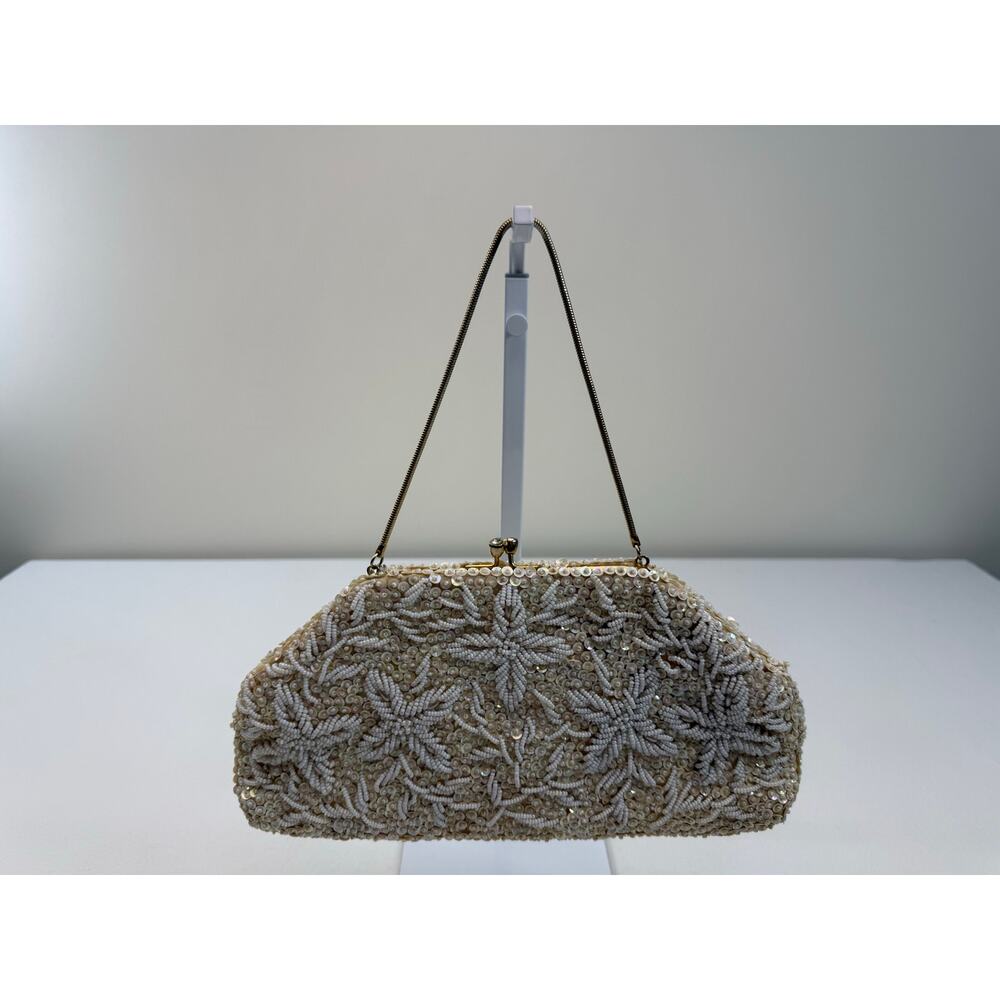 Vintage White Beaded Sequin Evening Bag Handmade in Hong Kong Bridal Glam Prom - Picture 2 of 13